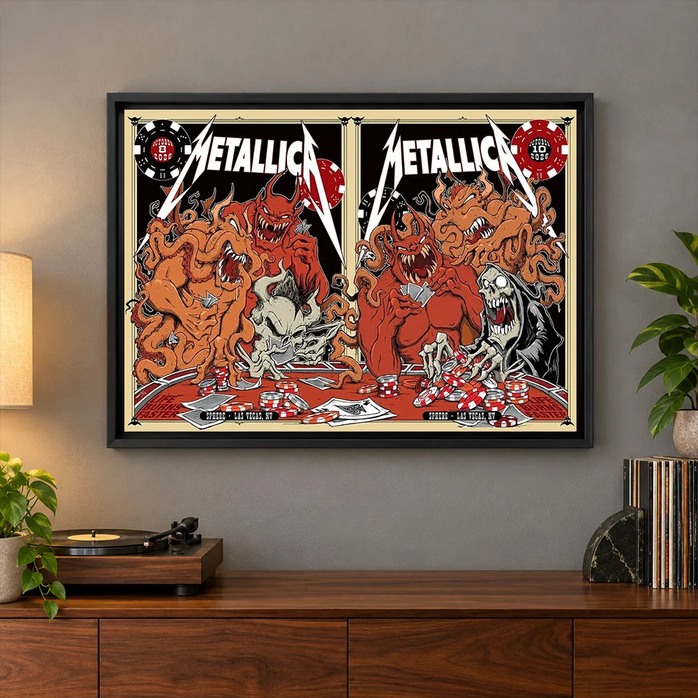 Metallica Life Burns Faster horizontal poster canvas featuring two side-by-side Las Vegas concert artworks for October 8 and October 10, 2026 with demons, tentacles, poker chips, and skeletal casino imagery.