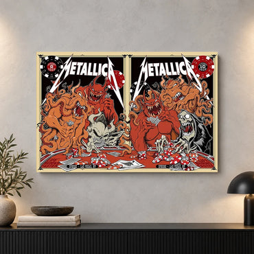 Metallica Life Burns Faster horizontal poster canvas featuring two side-by-side Las Vegas concert artworks for October 8 and October 10, 2026 with demons, tentacles, poker chips, and skeletal casino imagery.