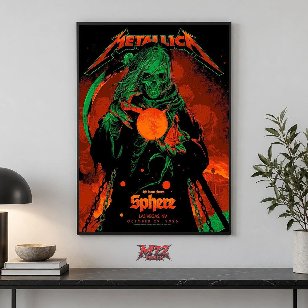 Metallica Life Burns Faster Week 5 October 29 2026 Sphere Las Vegas United States Poster Canvas Wall Art by Ken Taylor featuring Neon Sphere Reaper with green skeletal hood, curved scythe, chains and glowing orange orb.