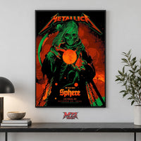 Metallica Life Burns Faster Week 5 October 29 2026 Sphere Las Vegas United States Poster Canvas Wall Art by Ken Taylor featuring Neon Sphere Reaper with green skeletal hood, curved scythe, chains and glowing orange orb.