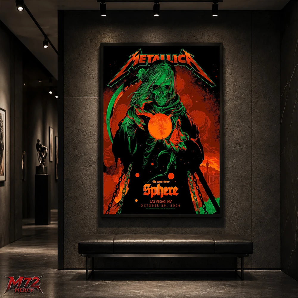 Metallica Life Burns Faster Week 5 October 29 2026 Sphere Las Vegas United States Poster Canvas Wall Art by Ken Taylor featuring Neon Sphere Reaper with green skeletal hood, curved scythe, chains and glowing orange orb.