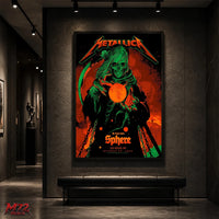 Metallica Life Burns Faster Week 5 October 29 2026 Sphere Las Vegas United States Poster Canvas Wall Art by Ken Taylor featuring Neon Sphere Reaper with green skeletal hood, curved scythe, chains and glowing orange orb.