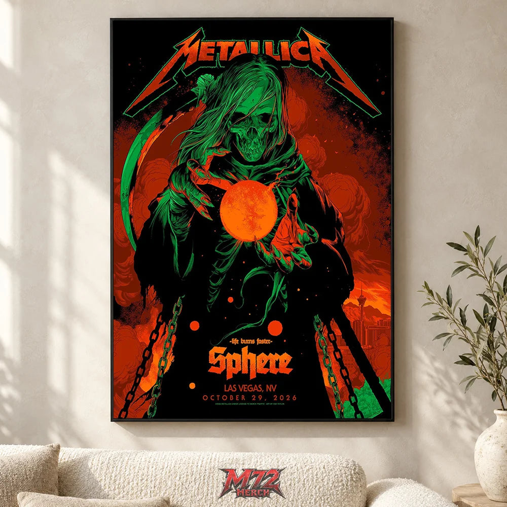 Metallica Life Burns Faster Week 5 October 29 2026 Sphere Las Vegas United States Poster Canvas Wall Art by Ken Taylor featuring Neon Sphere Reaper with green skeletal hood, curved scythe, chains and glowing orange orb.