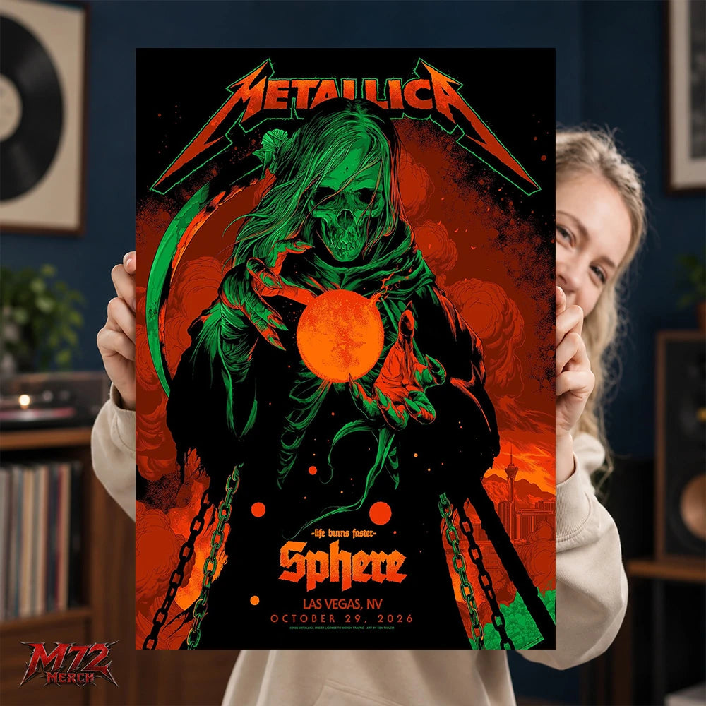 Metallica Life Burns Faster Week 5 October 29 2026 Sphere Las Vegas United States Poster Canvas Wall Art by Ken Taylor featuring Neon Sphere Reaper with green skeletal hood, curved scythe, chains and glowing orange orb.