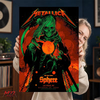 Metallica Life Burns Faster Week 5 October 29 2026 Sphere Las Vegas United States Poster Canvas Wall Art by Ken Taylor featuring Neon Sphere Reaper with green skeletal hood, curved scythe, chains and glowing orange orb.