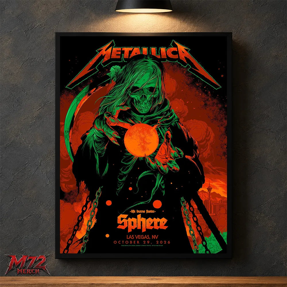Metallica Life Burns Faster Week 5 October 29 2026 Sphere Las Vegas United States Poster Canvas Wall Art by Ken Taylor featuring Neon Sphere Reaper with green skeletal hood, curved scythe, chains and glowing orange orb.