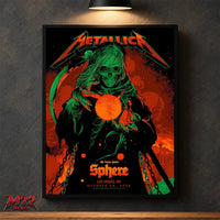 Metallica Life Burns Faster Week 5 October 29 2026 Sphere Las Vegas United States Poster Canvas Wall Art by Ken Taylor featuring Neon Sphere Reaper with green skeletal hood, curved scythe, chains and glowing orange orb.