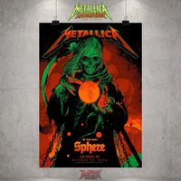Metallica Life Burns Faster Week 5 October 29 2026 Sphere Las Vegas United States Poster Canvas Wall Art by Ken Taylor featuring Neon Sphere Reaper with green skeletal hood, curved scythe, chains and glowing orange orb.