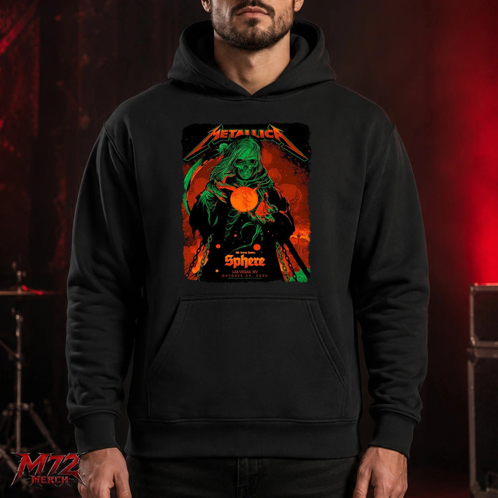 Metallica Life Burns Faster Week 5 October 29 2026 Sphere Las Vegas United States T-Shirt by Ken Taylor featuring Neon Sphere Reaper artwork with a green hooded skeleton, curved scythe and glowing orange sphere.