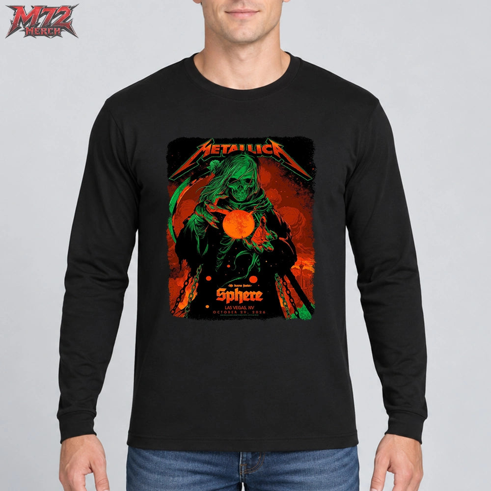 Metallica Life Burns Faster Week 5 October 29 2026 Sphere Las Vegas United States T-Shirt by Ken Taylor featuring Neon Sphere Reaper artwork with a green hooded skeleton, curved scythe and glowing orange sphere.