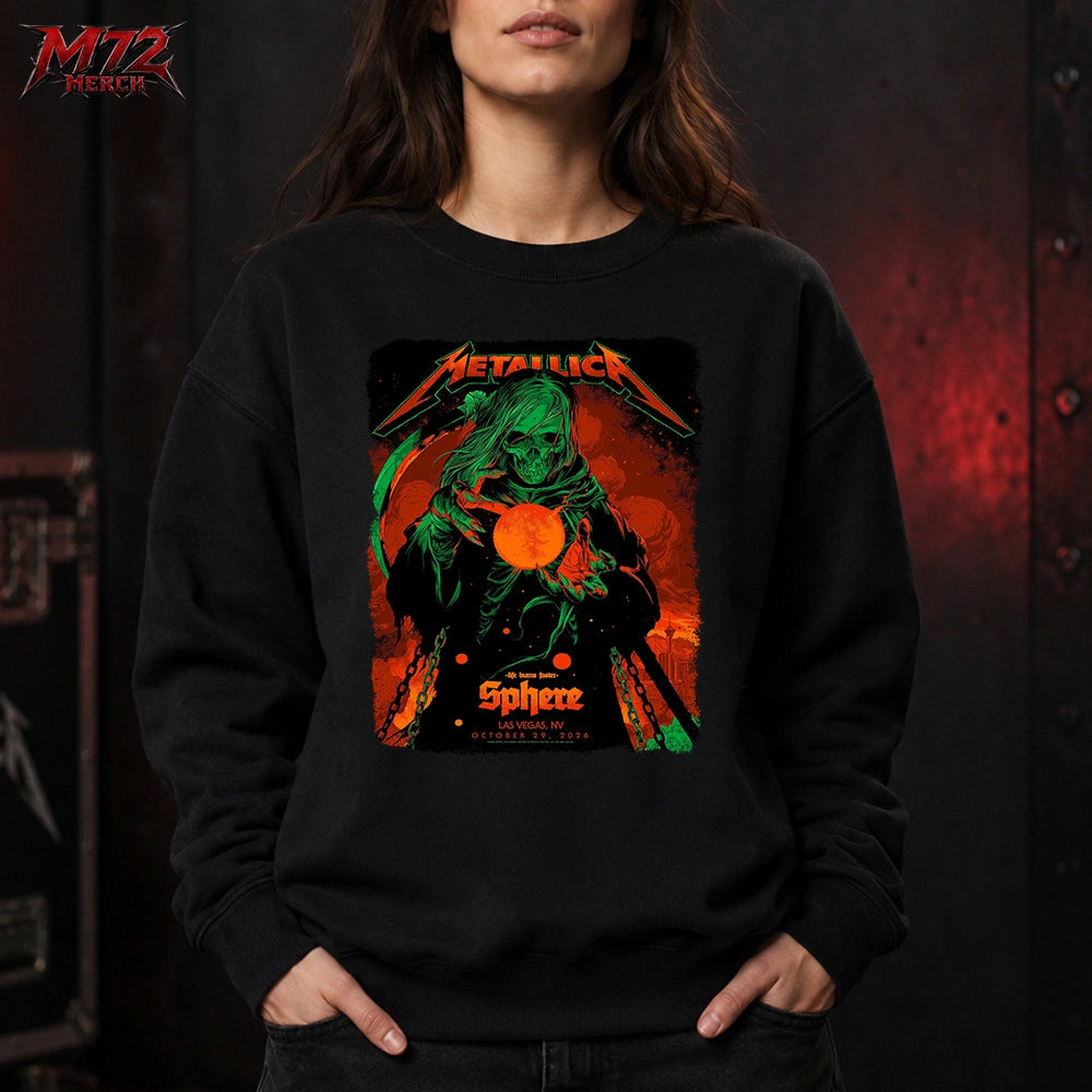 Metallica Life Burns Faster Week 5 October 29 2026 Sphere Las Vegas United States T-Shirt by Ken Taylor featuring Neon Sphere Reaper artwork with a green hooded skeleton, curved scythe and glowing orange sphere.