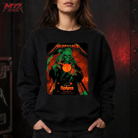 Metallica Life Burns Faster Week 5 October 29 2026 Sphere Las Vegas United States T-Shirt by Ken Taylor featuring Neon Sphere Reaper artwork with a green hooded skeleton, curved scythe and glowing orange sphere.