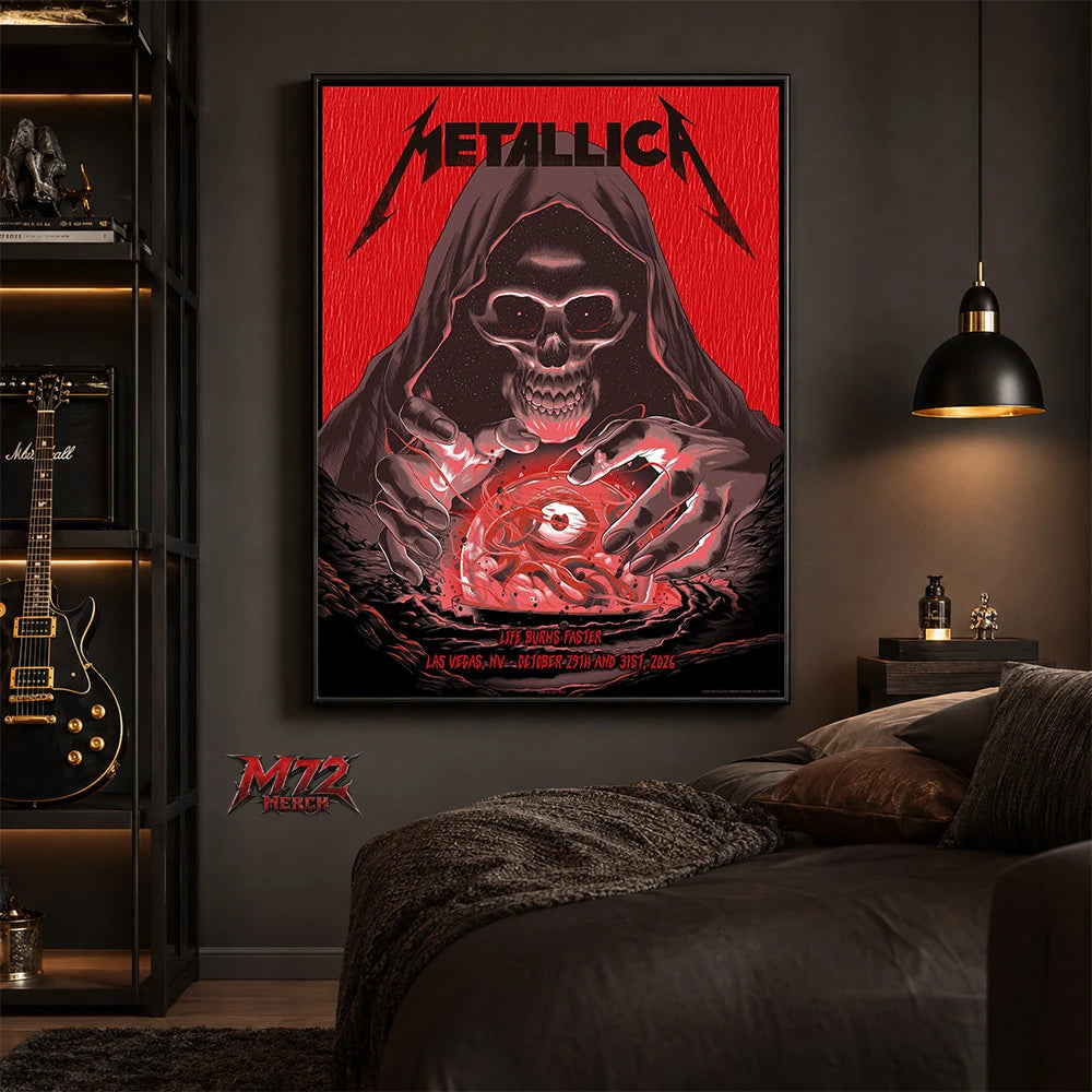 Metallica Life Burns Faster Week 5 poster canvas featuring Crystal Ball Reaper artwork by Pedro Correa for the October 29 and 31, 2026 shows at Sphere Las Vegas in Las Vegas, Nevada.