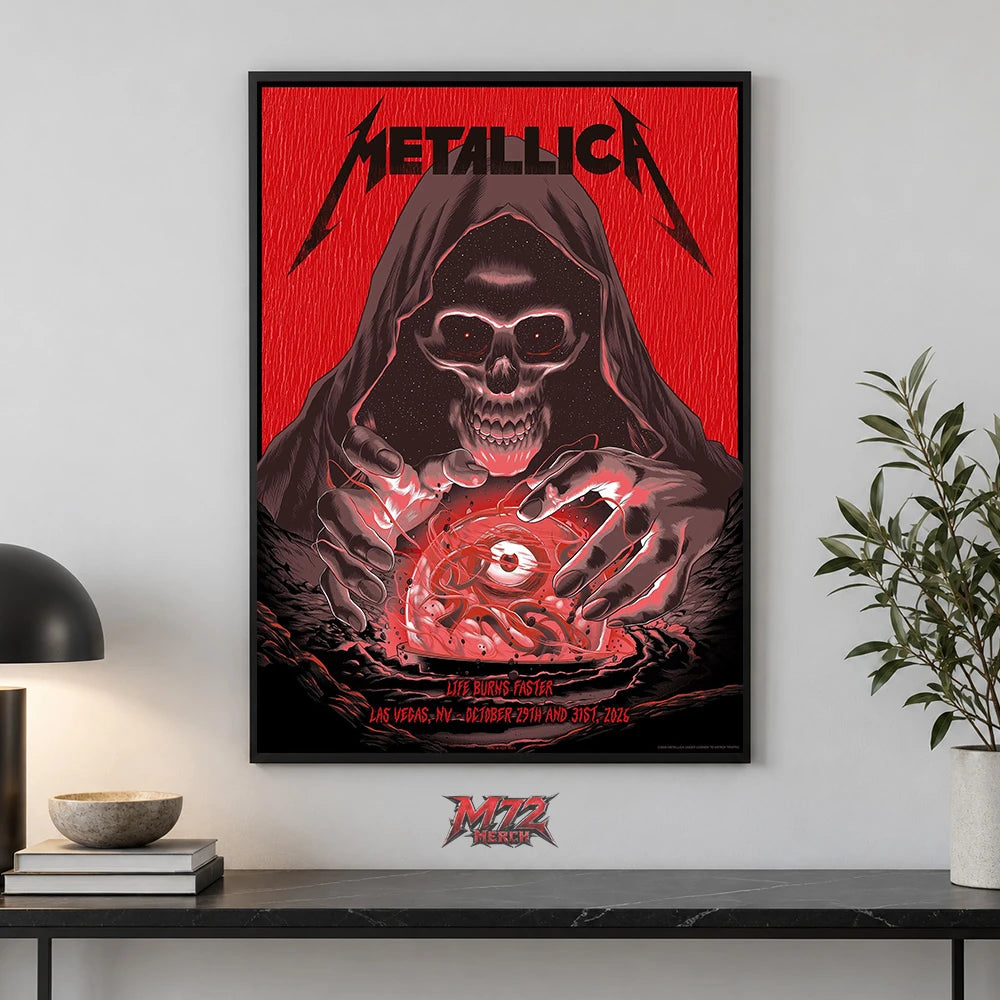 Metallica Life Burns Faster Week 5 poster canvas featuring Crystal Ball Reaper artwork by Pedro Correa for the October 29 and 31, 2026 shows at Sphere Las Vegas in Las Vegas, Nevada.