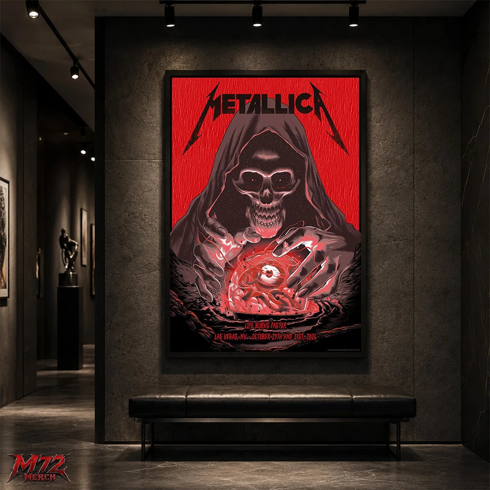 Metallica Life Burns Faster Week 5 poster canvas featuring Crystal Ball Reaper artwork by Pedro Correa for the October 29 and 31, 2026 shows at Sphere Las Vegas in Las Vegas, Nevada.