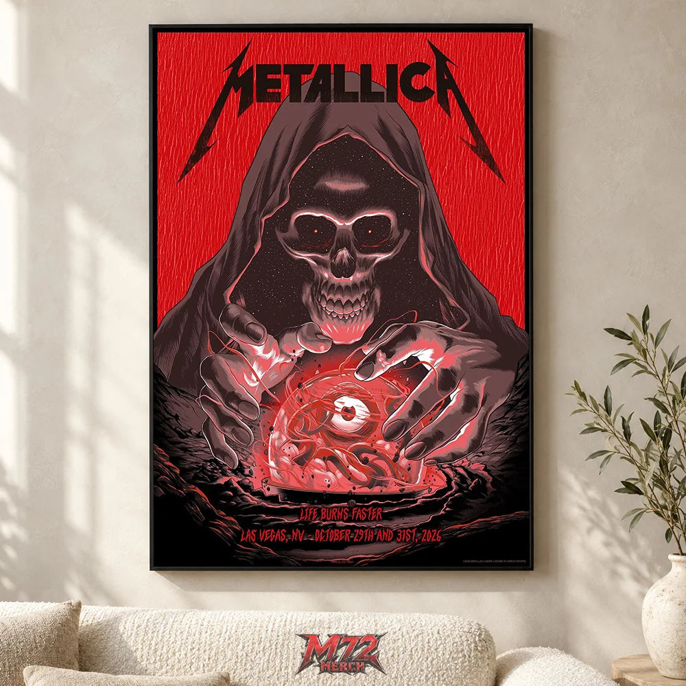 Metallica Life Burns Faster Week 5 poster canvas featuring Crystal Ball Reaper artwork by Pedro Correa for the October 29 and 31, 2026 shows at Sphere Las Vegas in Las Vegas, Nevada.