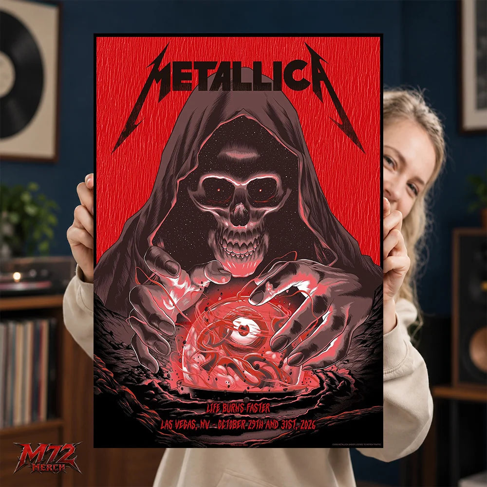Metallica Life Burns Faster Week 5 poster canvas featuring Crystal Ball Reaper artwork by Pedro Correa for the October 29 and 31, 2026 shows at Sphere Las Vegas in Las Vegas, Nevada.