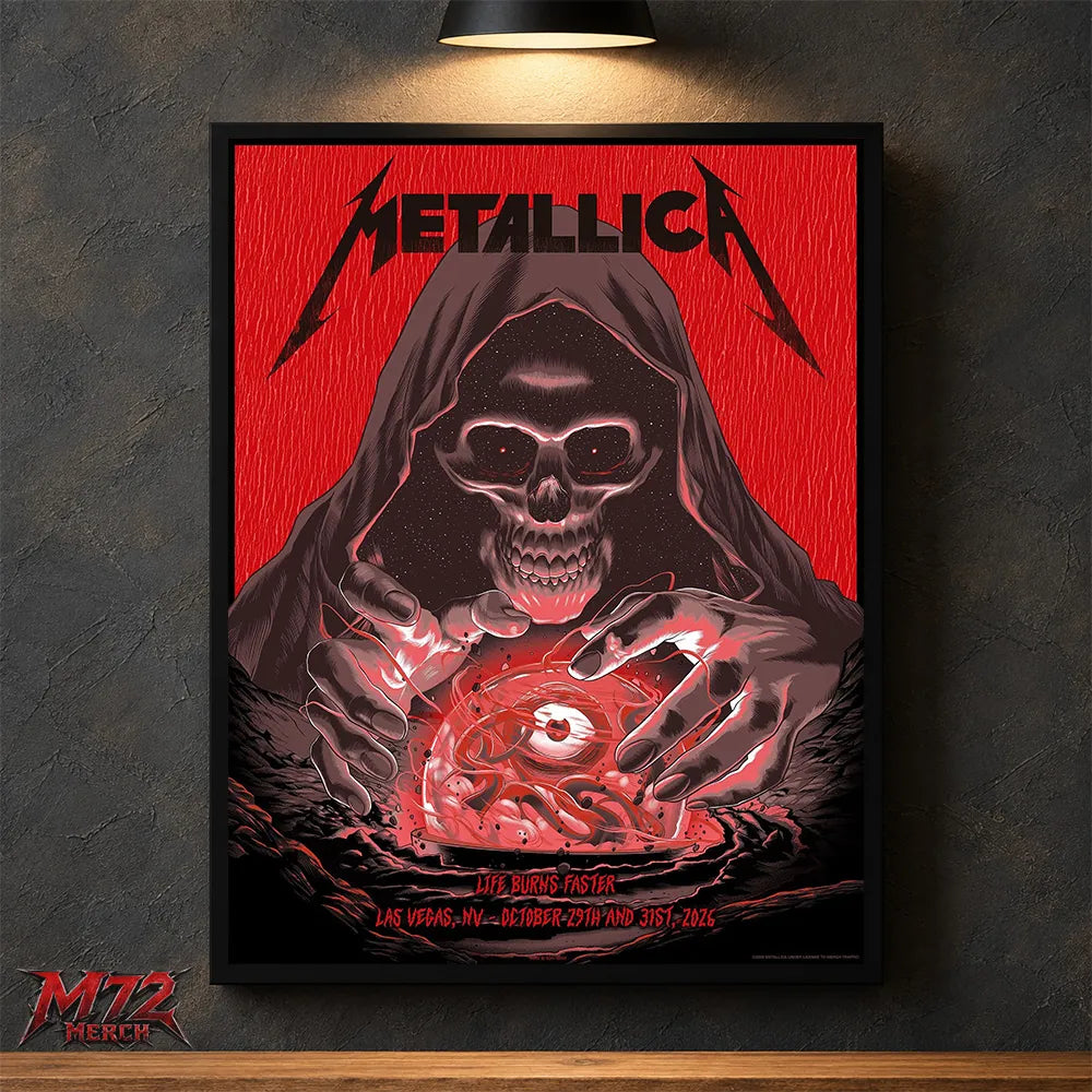 Metallica Life Burns Faster Week 5 poster canvas featuring Crystal Ball Reaper artwork by Pedro Correa for the October 29 and 31, 2026 shows at Sphere Las Vegas in Las Vegas, Nevada.