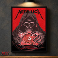 Metallica Life Burns Faster Week 5 poster canvas featuring Crystal Ball Reaper artwork by Pedro Correa for the October 29 and 31, 2026 shows at Sphere Las Vegas in Las Vegas, Nevada.