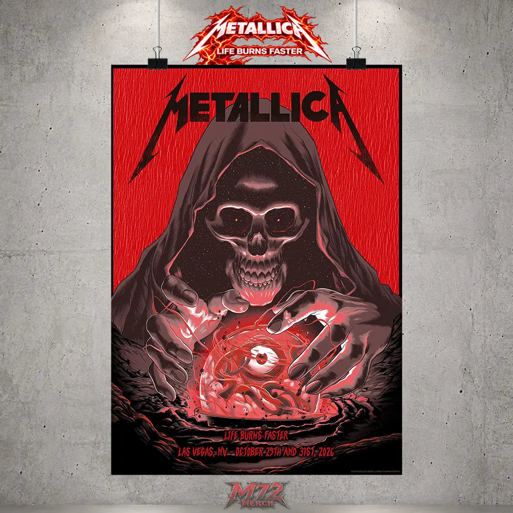 Metallica Life Burns Faster Week 5 poster canvas featuring Crystal Ball Reaper artwork by Pedro Correa for the October 29 and 31, 2026 shows at Sphere Las Vegas in Las Vegas, Nevada.