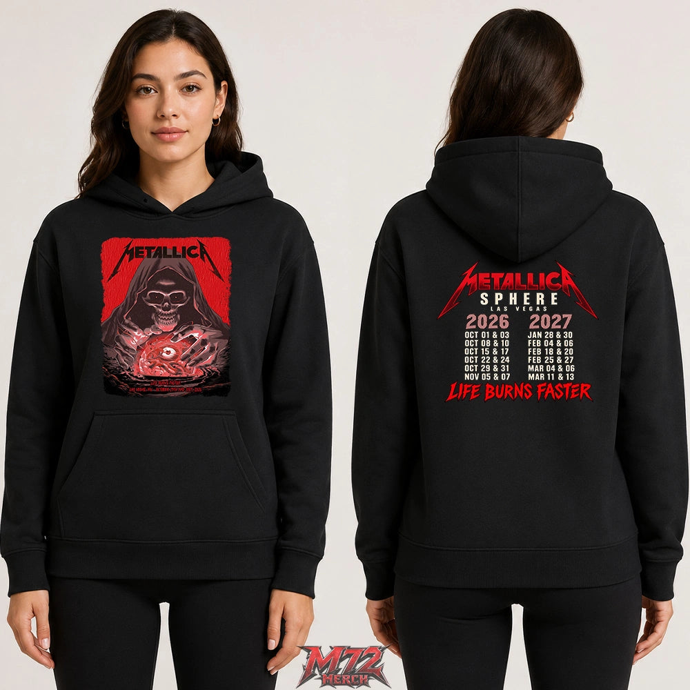 Metallica Life Burns Faster Week 5 October 29 and 31 2026 Sphere Las Vegas United States 2 Side T-Shirt by Pedro Correa featuring Crystal Ball Reaper artwork on the front and Sphere Las Vegas 2026–2027 dates on the back.