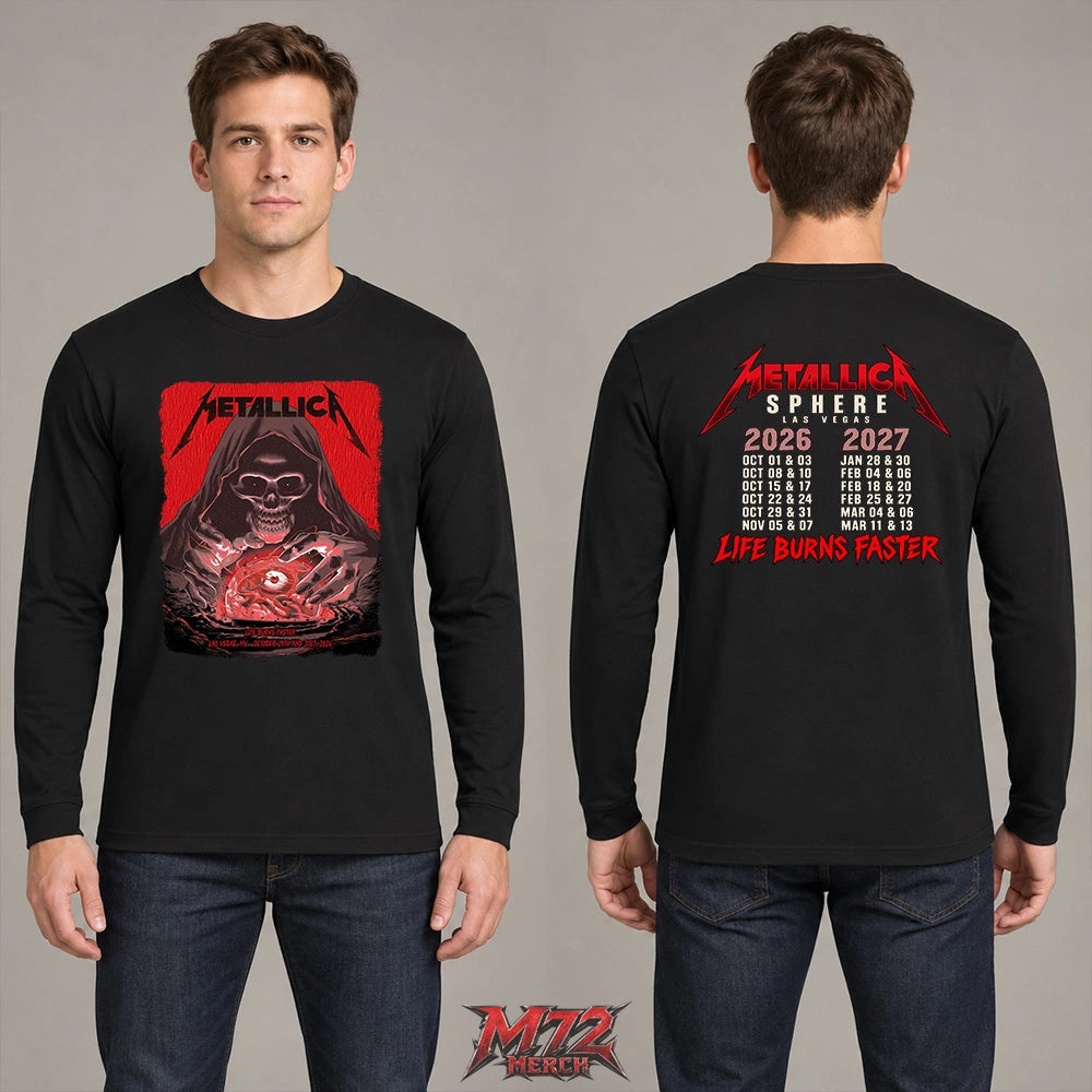 Metallica Life Burns Faster Week 5 October 29 and 31 2026 Sphere Las Vegas United States 2 Side T-Shirt by Pedro Correa featuring Crystal Ball Reaper artwork on the front and Sphere Las Vegas 2026–2027 dates on the back.