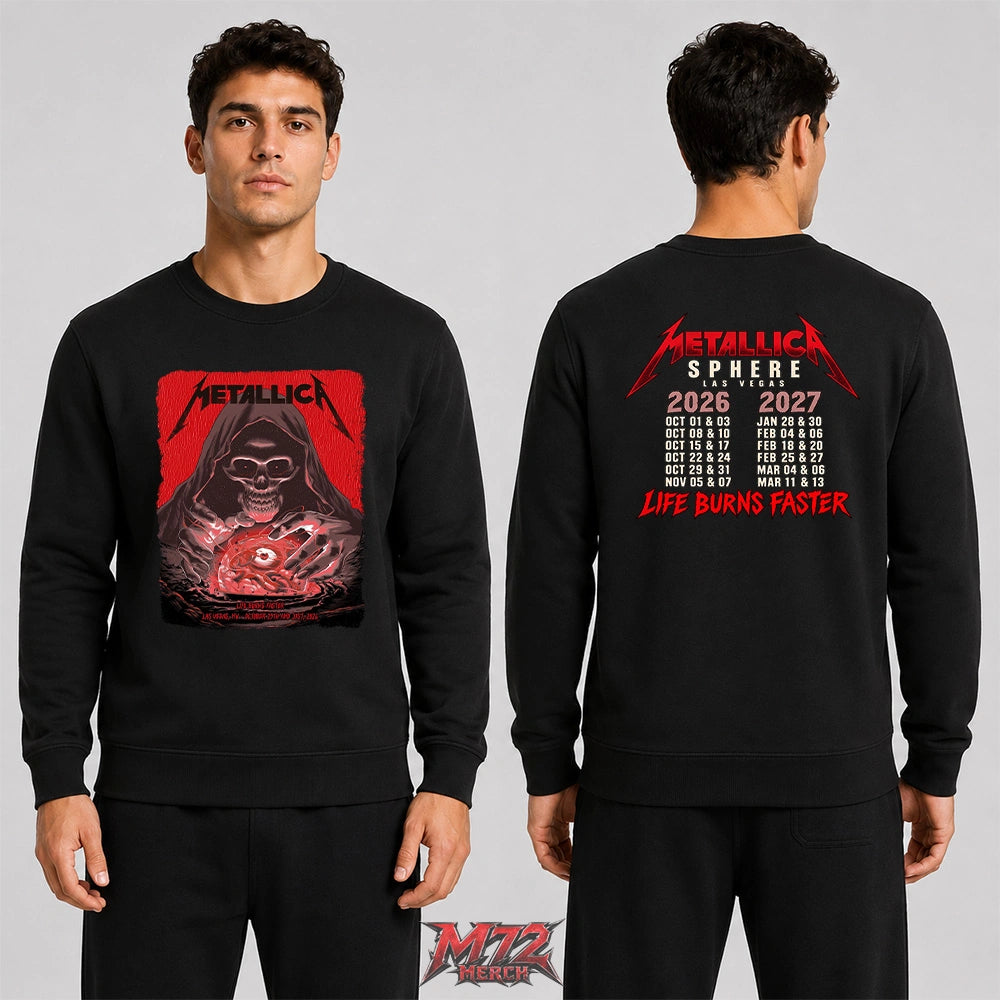 Metallica Life Burns Faster Week 5 October 29 and 31 2026 Sphere Las Vegas United States 2 Side T-Shirt by Pedro Correa featuring Crystal Ball Reaper artwork on the front and Sphere Las Vegas 2026–2027 dates on the back.