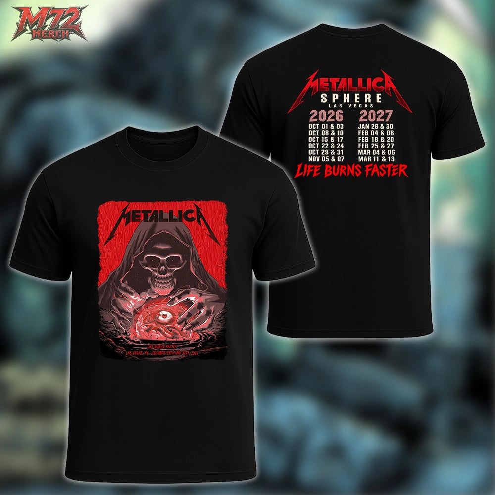 Metallica Life Burns Faster Week 5 October 29 and 31 2026 Sphere Las Vegas United States 2 Side T-Shirt by Pedro Correa featuring Crystal Ball Reaper artwork on the front and Sphere Las Vegas 2026–2027 dates on the back.