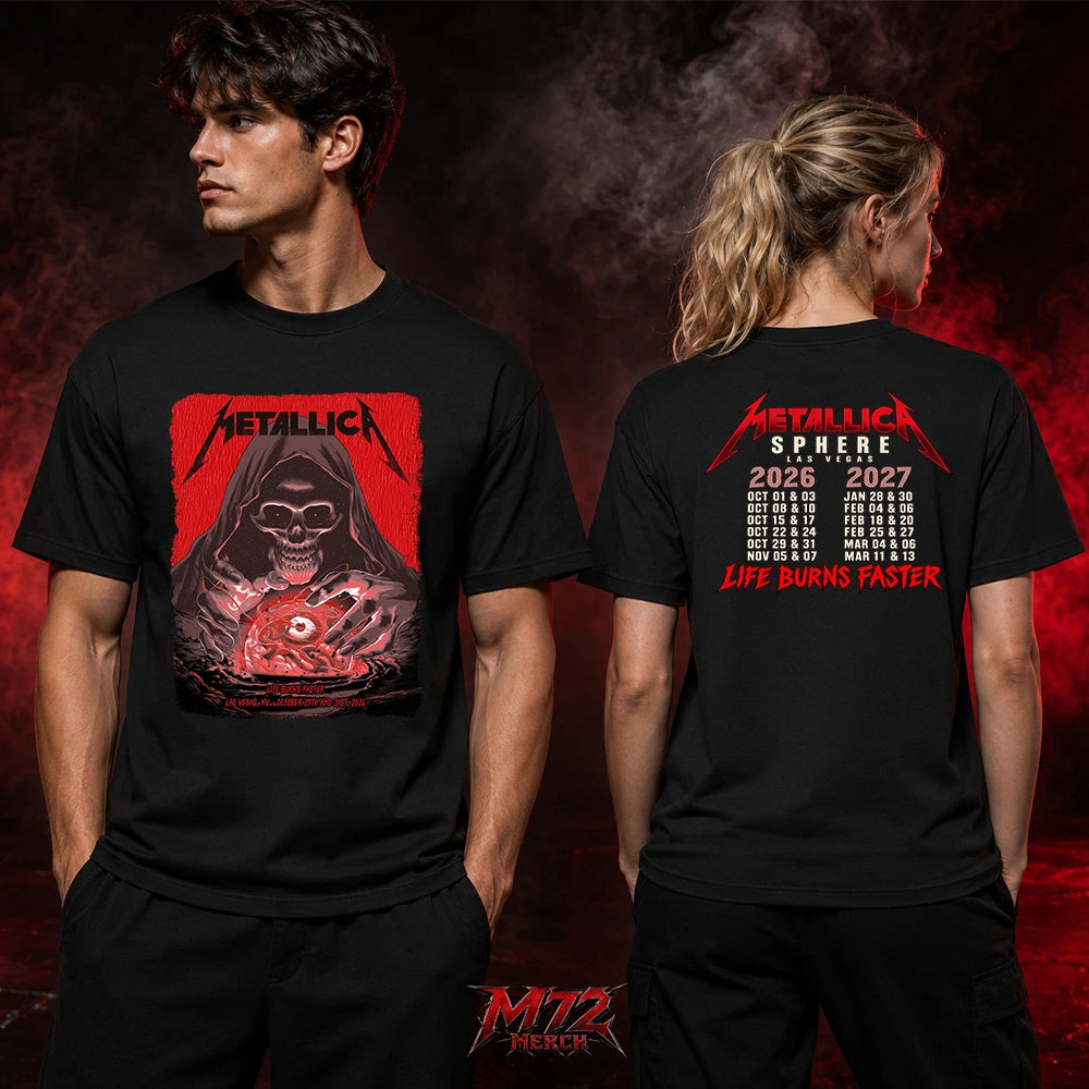 Metallica Life Burns Faster Week 5 October 29 and 31 2026 Sphere Las Vegas United States 2 Side T-Shirt by Pedro Correa featuring Crystal Ball Reaper artwork on the front and Sphere Las Vegas 2026–2027 dates on the back.