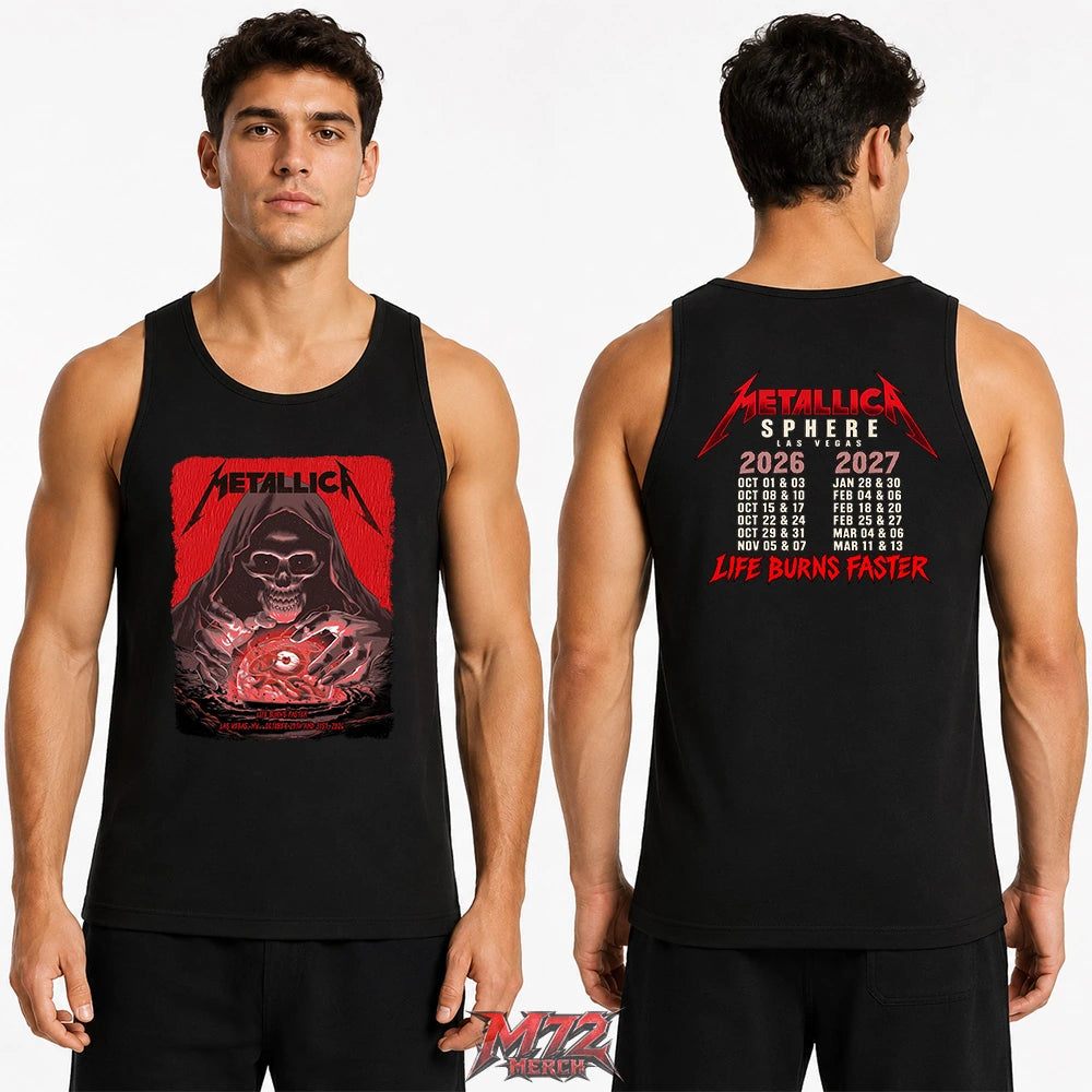 Metallica Life Burns Faster Week 5 October 29 and 31 2026 Sphere Las Vegas United States 2 Side T-Shirt by Pedro Correa featuring Crystal Ball Reaper artwork on the front and Sphere Las Vegas 2026–2027 dates on the back.