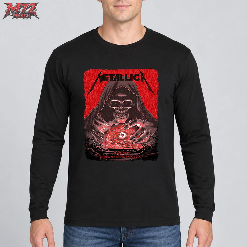 Metallica Life Burns Faster Week 5 October 29 and 31 2026 Sphere Las Vegas United States T-Shirt by Pedro Correa featuring Crystal Ball Reaper artwork with hooded skull and glowing eye orb.
