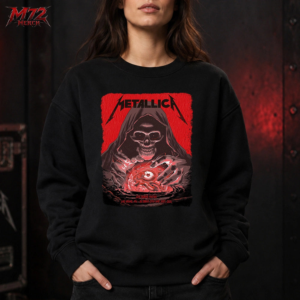 Metallica Life Burns Faster Week 5 October 29 and 31 2026 Sphere Las Vegas United States T-Shirt by Pedro Correa featuring Crystal Ball Reaper artwork with hooded skull and glowing eye orb.