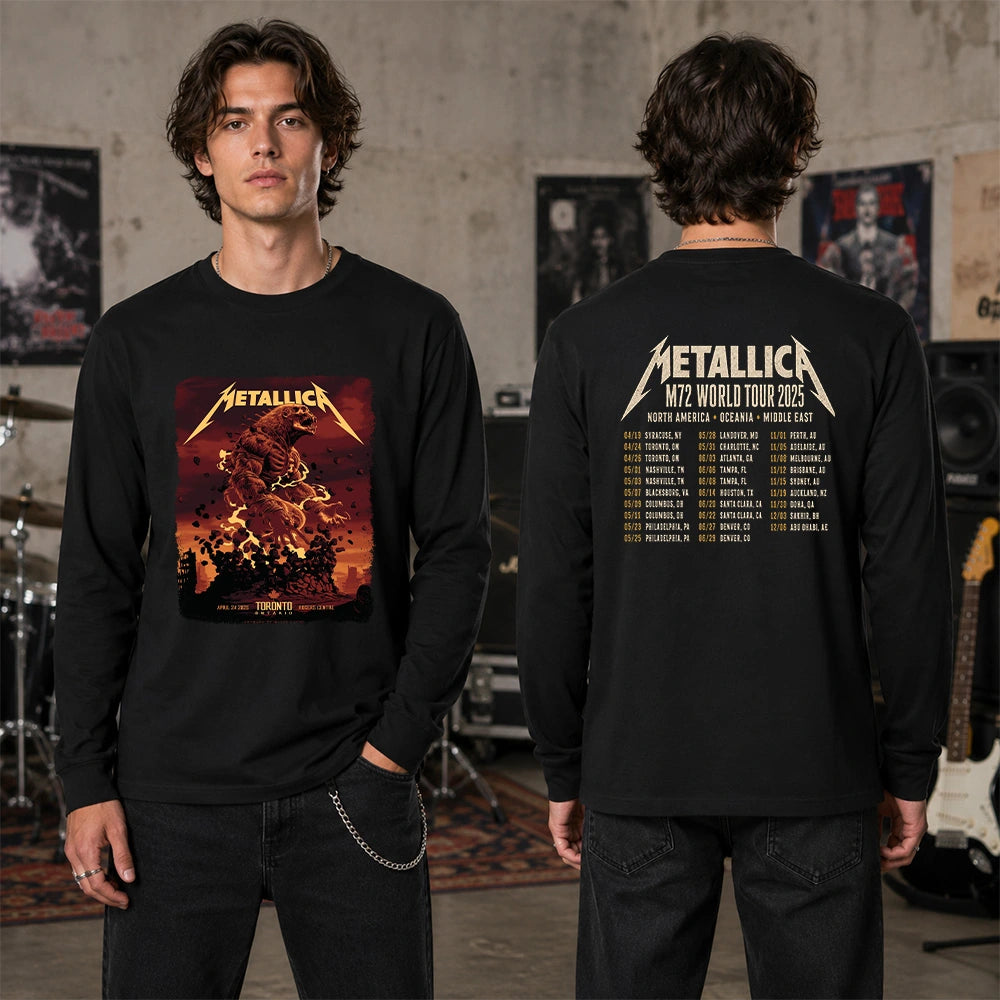 Metallica M72 World Tour April 24 2025 Rogers Centre Toronto Ontario Canada 2 side T-shirt by John Guydo featuring a roaring beast rising from shattered rubble with flying debris, fiery red-orange sky and M72 tour back print.
