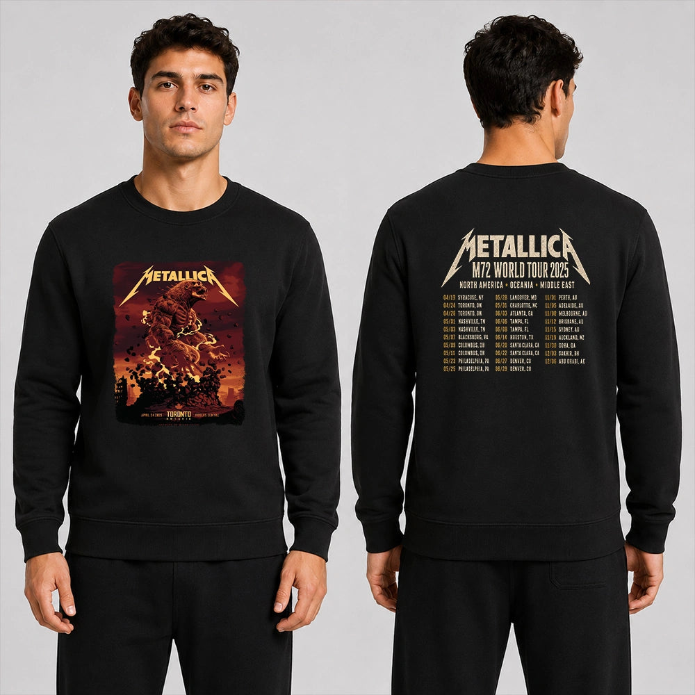 Metallica M72 World Tour April 24 2025 Rogers Centre Toronto Ontario Canada 2 side T-shirt by John Guydo featuring a roaring beast rising from shattered rubble with flying debris, fiery red-orange sky and M72 tour back print.