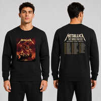 Metallica M72 World Tour April 24 2025 Rogers Centre Toronto Ontario Canada 2 side T-shirt by John Guydo featuring a roaring beast rising from shattered rubble with flying debris, fiery red-orange sky and M72 tour back print.