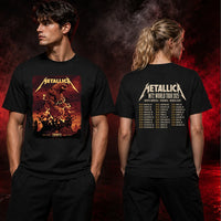 Metallica M72 World Tour April 24 2025 Rogers Centre Toronto Ontario Canada 2 side T-shirt by John Guydo featuring a roaring beast rising from shattered rubble with flying debris, fiery red-orange sky and M72 tour back print.