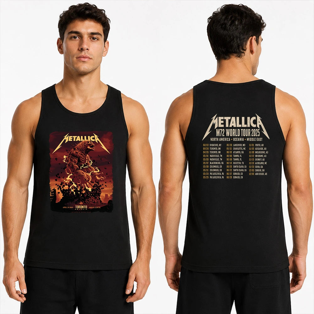Metallica M72 World Tour April 24 2025 Rogers Centre Toronto Ontario Canada 2 side T-shirt by John Guydo featuring a roaring beast rising from shattered rubble with flying debris, fiery red-orange sky and M72 tour back print.