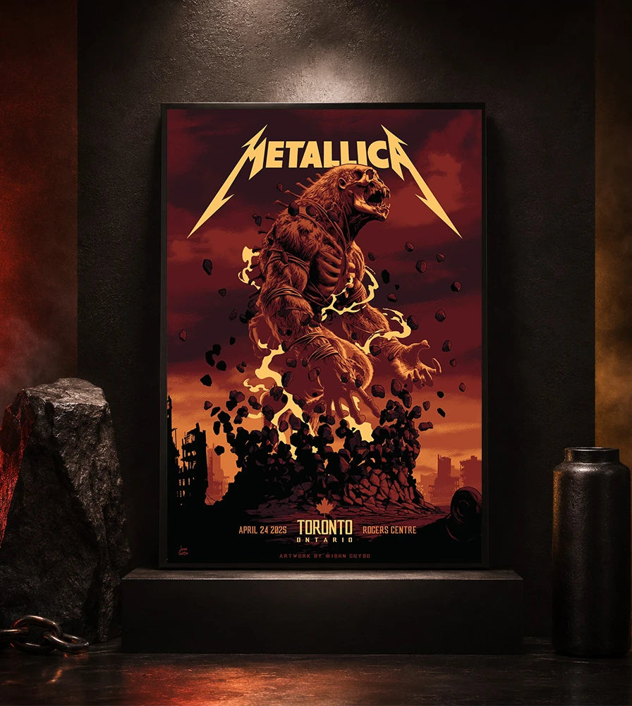 Metallica M72 World Tour April 24 2025 Rogers Centre Toronto Ontario Canada poster canvas by John Guydo featuring a roaring beast rising from shattered rubble with flying debris and Toronto event text.