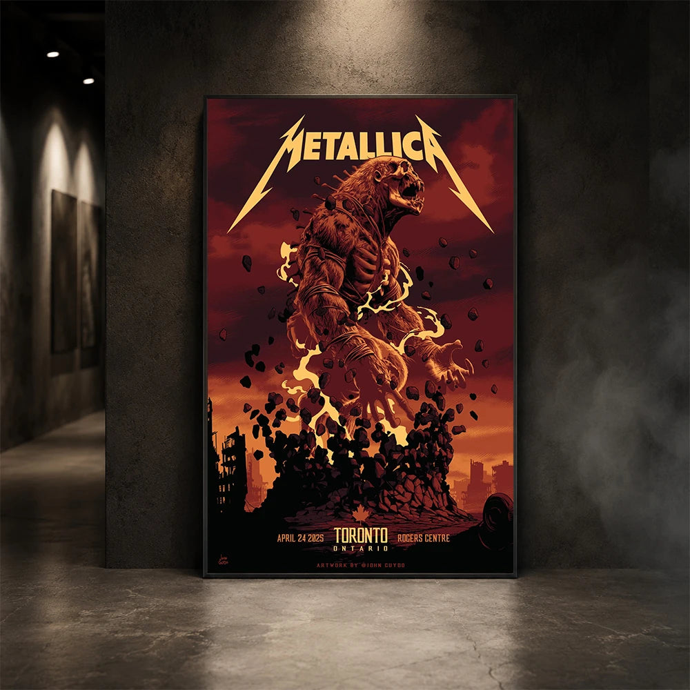 Metallica M72 World Tour April 24 2025 Rogers Centre Toronto Ontario Canada poster canvas by John Guydo featuring a roaring beast rising from shattered rubble with flying debris and Toronto event text.