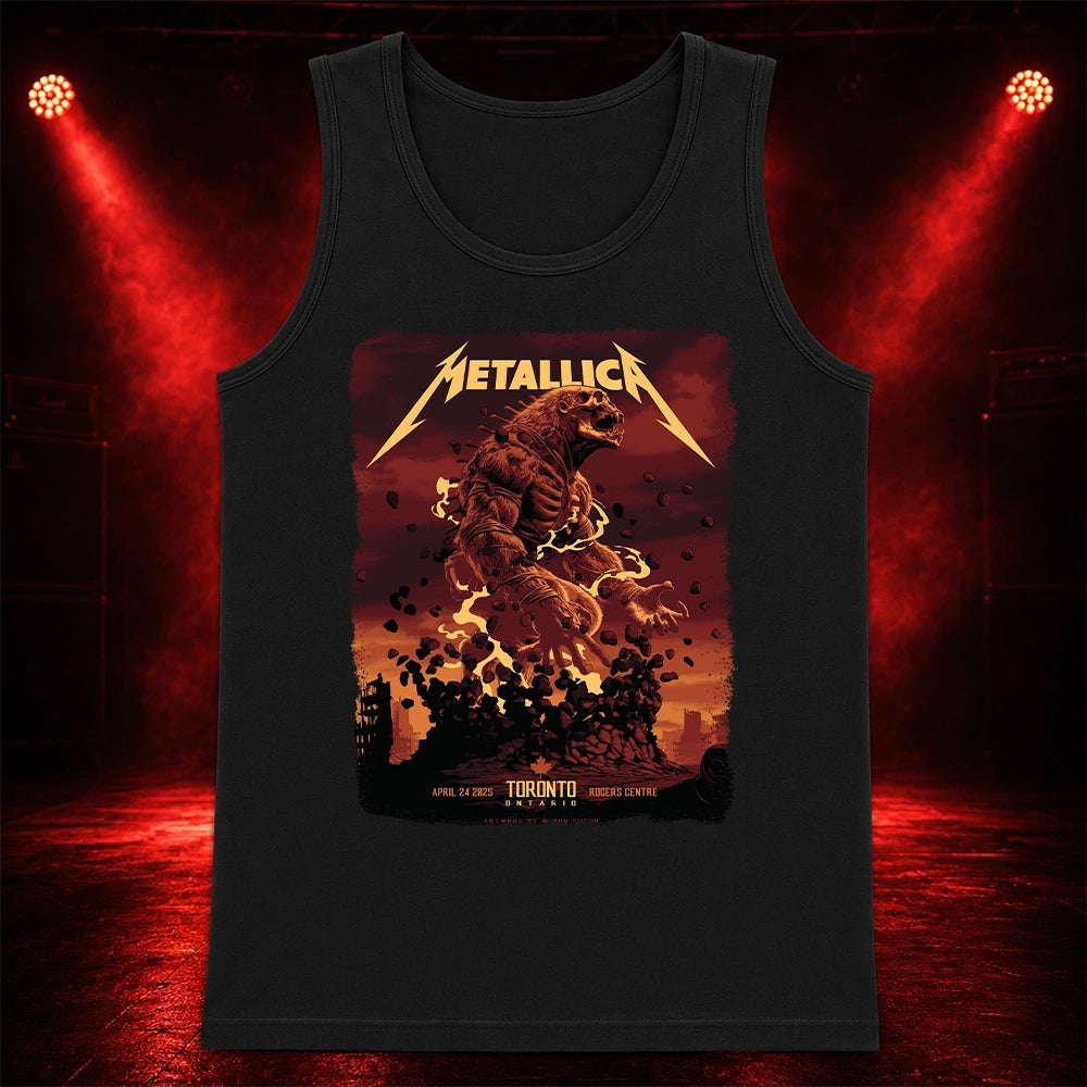 Metallica M72 World Tour April 24 2025 Rogers Centre Toronto Ontario Canada T-shirt by John Guydo featuring a roaring beast rising from shattered rubble with flying debris, fiery red-orange sky and Toronto event text.
