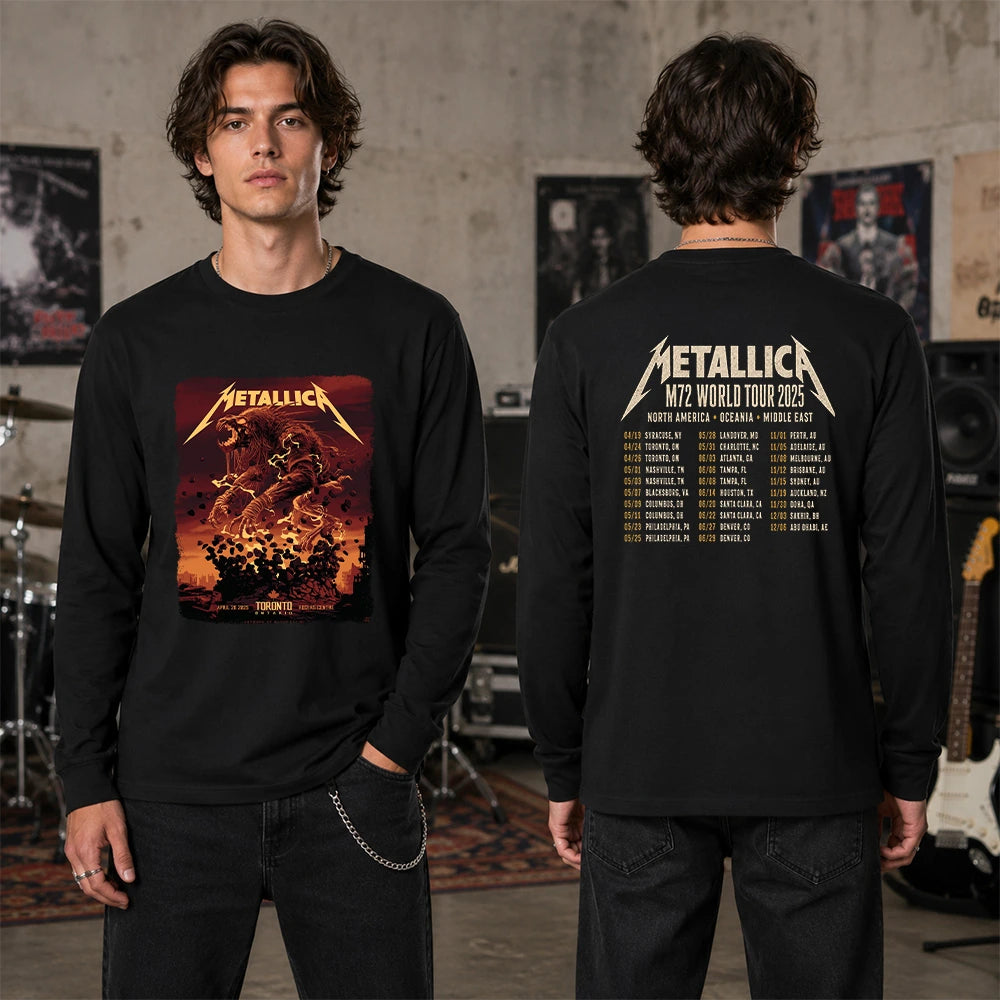 Metallica M72 World Tour April 26 2025 Rogers Centre Toronto Ontario Canada 2 side T-shirt by John Guydo featuring a roaring beast rising from shattered debris with flying rocks, fiery red-orange sky and M72 tour back print.