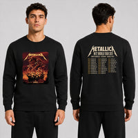 Metallica M72 World Tour April 26 2025 Rogers Centre Toronto Ontario Canada 2 side T-shirt by John Guydo featuring a roaring beast rising from shattered debris with flying rocks, fiery red-orange sky and M72 tour back print.