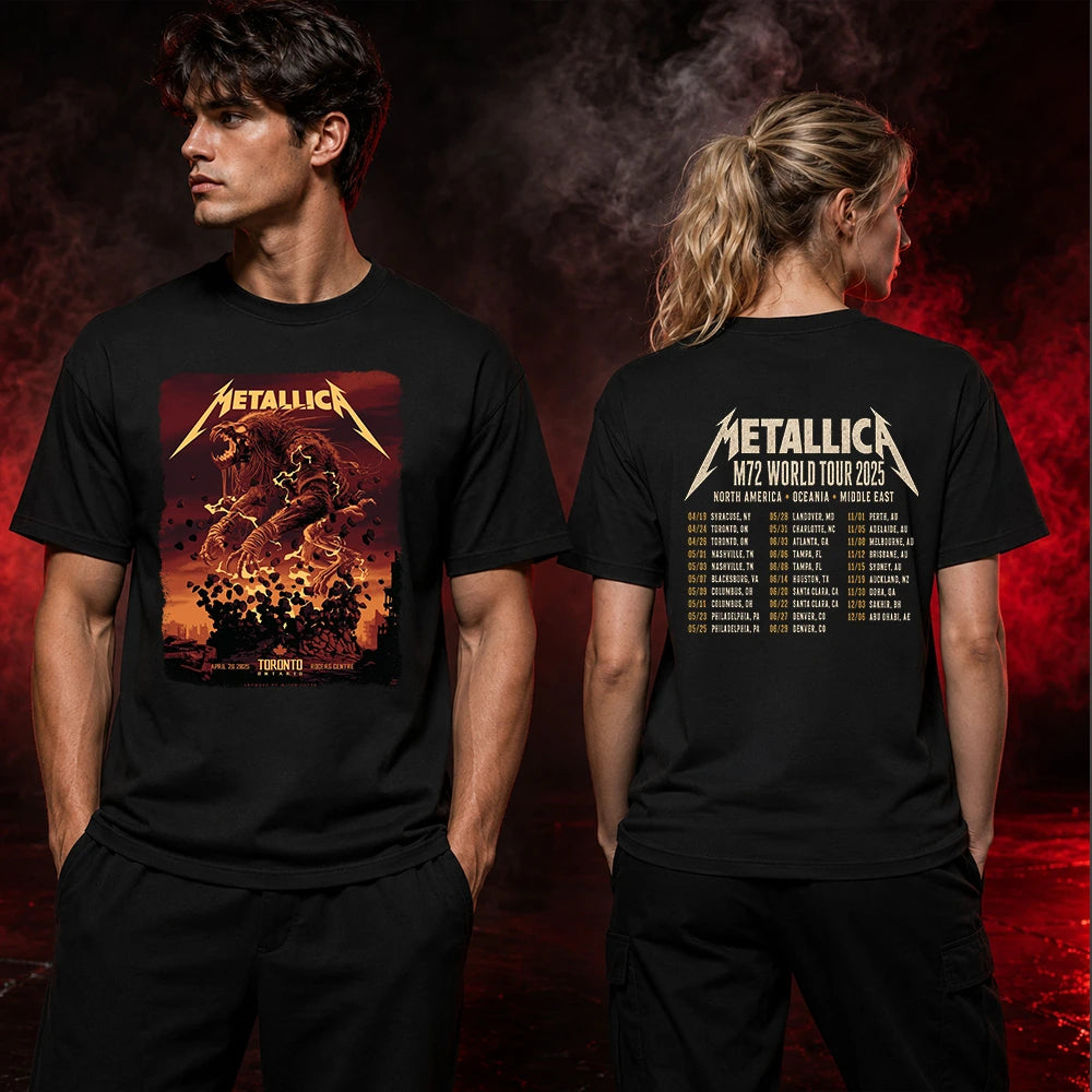 Metallica M72 World Tour April 26 2025 Rogers Centre Toronto Ontario Canada 2 side T-shirt by John Guydo featuring a roaring beast rising from shattered debris with flying rocks, fiery red-orange sky and M72 tour back print.