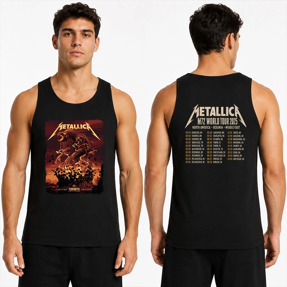 Metallica M72 World Tour April 26 2025 Rogers Centre Toronto Ontario Canada 2 side T-shirt by John Guydo featuring a roaring beast rising from shattered debris with flying rocks, fiery red-orange sky and M72 tour back print.