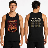 Metallica M72 World Tour April 26 2025 Rogers Centre Toronto Ontario Canada 2 side T-shirt by John Guydo featuring a roaring beast rising from shattered debris with flying rocks, fiery red-orange sky and M72 tour back print.