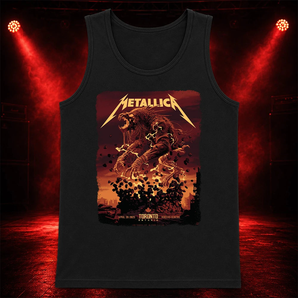 Metallica M72 World Tour April 26 2025 Rogers Centre Toronto Ontario Canada T-shirt by John Guydo featuring a roaring beast rising from shattered debris with flying rocks, fiery red-orange sky and Toronto event text.