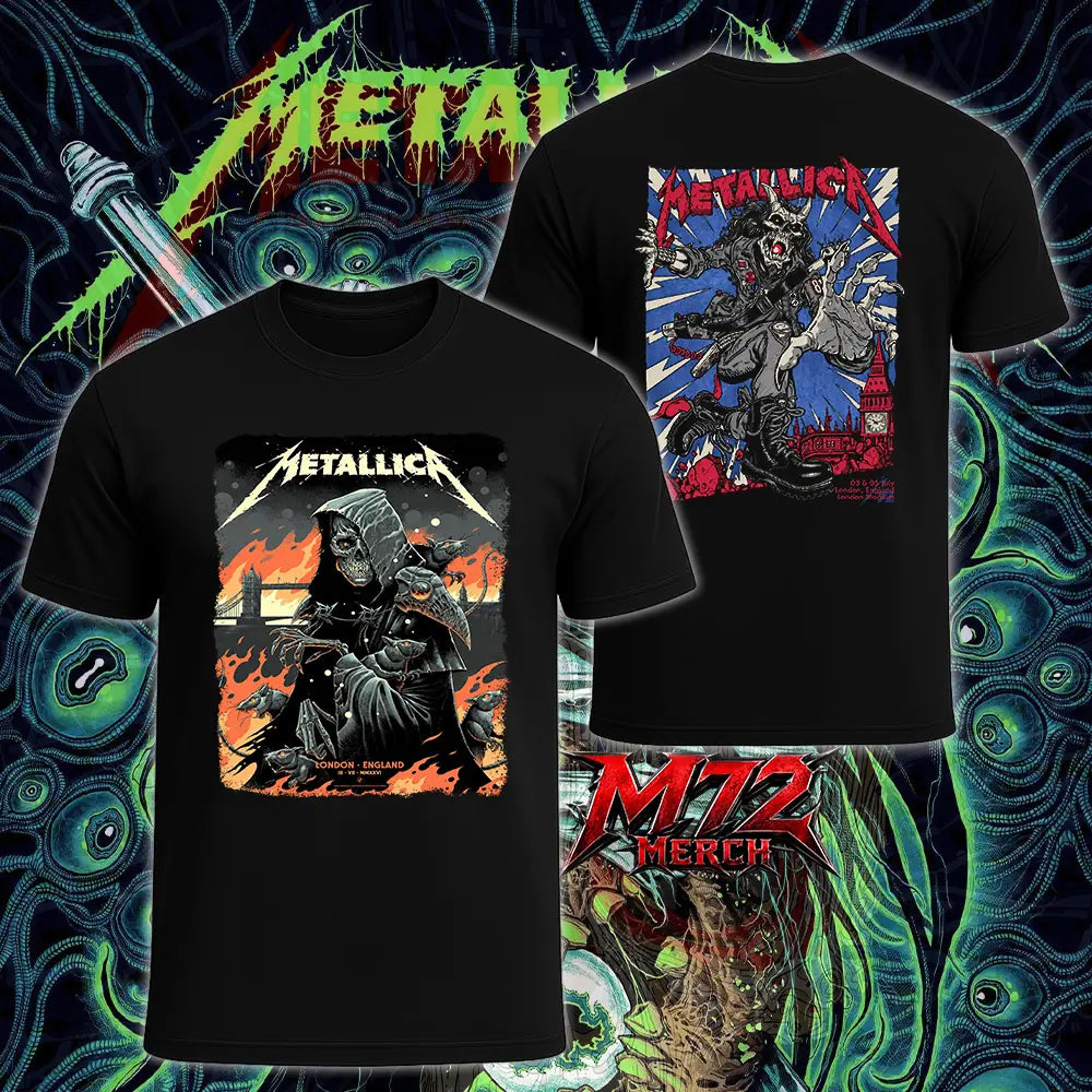 Metallica M72 World Tour July 3 2026 London Stadium London England 2 side T-shirt by Luke Preece featuring a front hooded grim reaper with rats and Tower Bridge, and a back creature design with Big Ben and London skyline.
