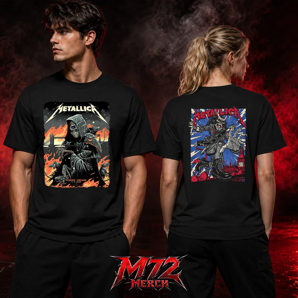 Metallica M72 World Tour July 3 2026 London Stadium London England 2 side T-shirt by Luke Preece featuring a front hooded grim reaper with rats and Tower Bridge, and a back creature design with Big Ben and London skyline.
