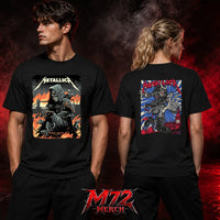 Metallica M72 World Tour July 3 2026 London Stadium London England 2 side T-shirt by Luke Preece featuring a front hooded grim reaper with rats and Tower Bridge, and a back creature design with Big Ben and London skyline.