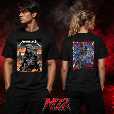 Metallica M72 World Tour July 3 2026 London Stadium London England 2 side T-shirt by Luke Preece featuring a front hooded grim reaper with rats and Tower Bridge, and a back creature design with Big Ben and London skyline.